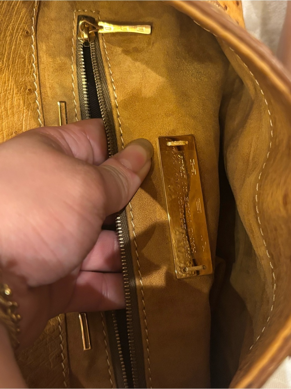 Tan genuine Ostrich Shoulder Bag with Gold Hardware - Picture 5 of 5